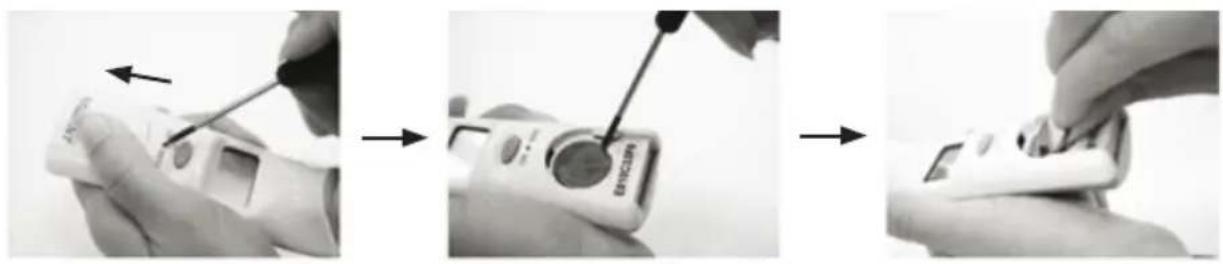 Three-step black-and-white photo sequence showing hand positioning, eye insertion, and close-up of a device (no text or symbols visible)