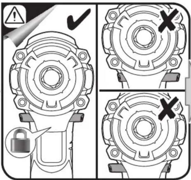 Technical diagram showing four stages of a mechanical component with warning symbols and lock icons, likely illustrating safety or inspection steps.
