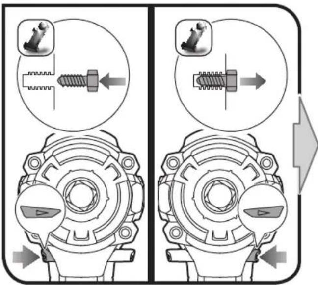 Technical diagram illustrating screw fastening process with magnified insets showing bolt and nut assembly steps