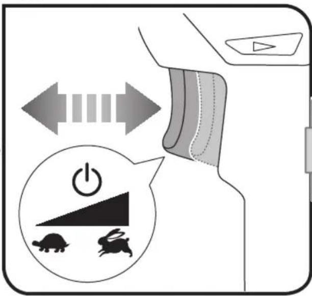 Diagram illustrating a device's power and gear mechanism with directional arrows and power symbol