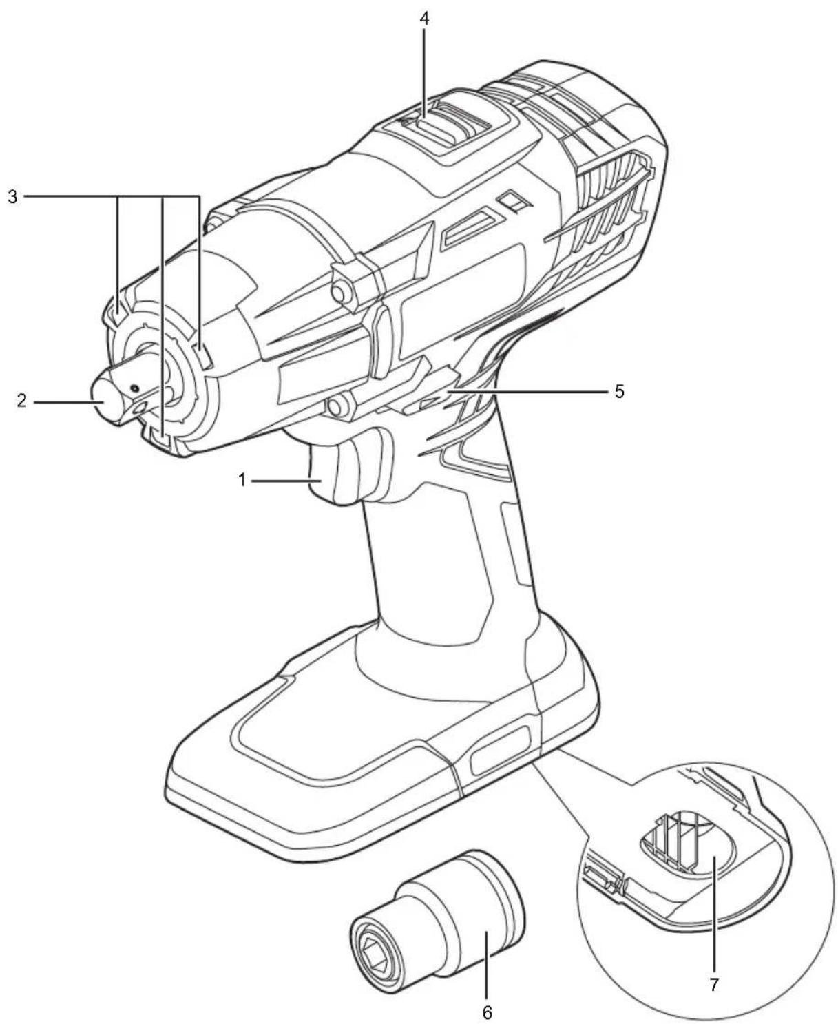 Technical diagram of a handheld electric shaver with numbered parts labeled 1 through 7