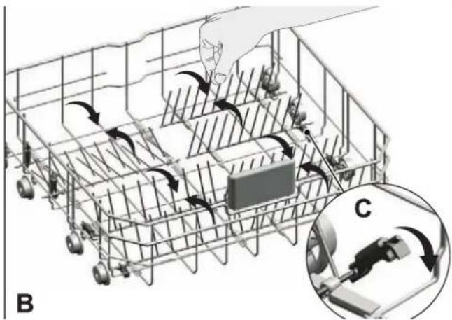Diagram illustrating a mechanical system with labeled components and directional arrows, including a magnified inset showing component C.