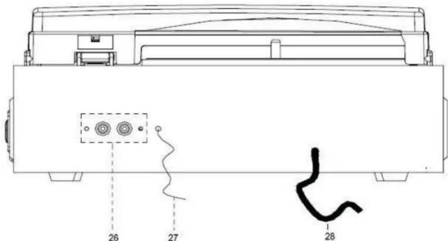 Technical diagram of a device rear panel with labeled ports and wiring connections