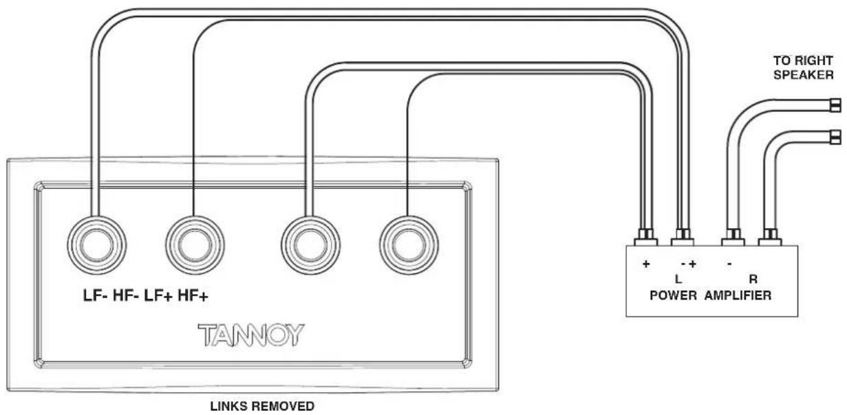 LF- HF- LF+ HF+ TANNOY LINKS REMOVED TO RIGHT SPEAKER + - + - L R POWER AMPLIFIER