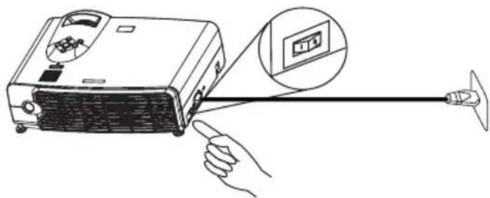Illustration of a projector with a hand pointing to a screen, showing the lens and screen setup (no text or symbols present).