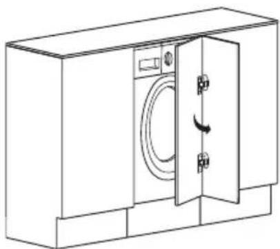 Line drawing of a washing machine with door and side door, showing internal components and a rotation arrow.