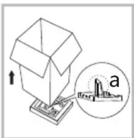 Diagram of a box with an arrow pointing upward, and a magnified inset showing a small 3D structure labeled 'a' (no text or symbols present)