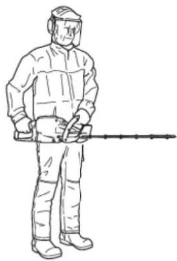 Line drawing of a person in full protective gear holding a long tool, no text or symbols present