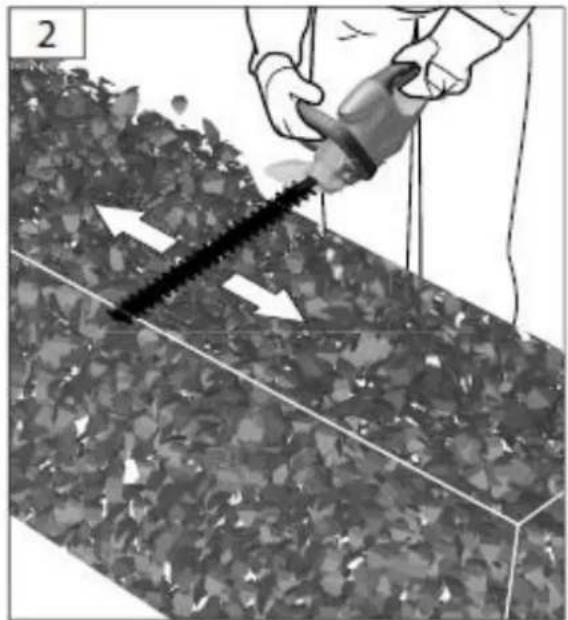 Illustration of a hand using a tool to cut a textured surface with arrows indicating direction (no text or symbols)