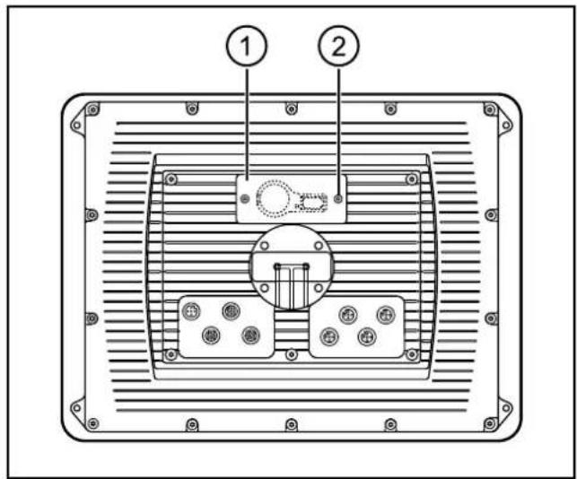 Technical diagram of a device panel with labeled components and internal wiring, showing two numbered parts.