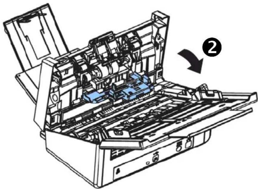 Technical line drawing of an open hard disk printer with internal components and a blue plastic component, showing no text or symbols.