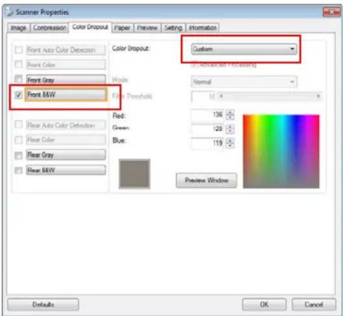 Scanner Properties Image Compression Color Dropout Paper Preview Setting Information Front Auto Color Detection Color Dropout: Custom Front Color (7) Advanced Processing Front Gray Mode: Normal Front B&W Final Threshold 10 Rear Auto Color Detection Pied: 136 Green: 129 Blue: 119 Rear Color Rear Gray…