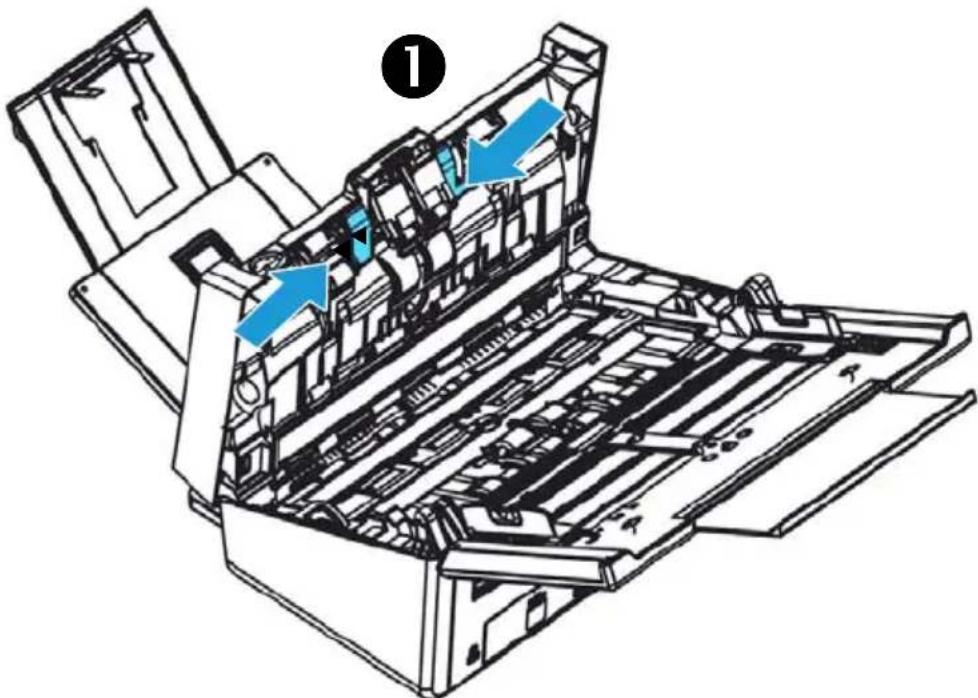 Technical line drawing of a printer internal structure with blue arrows indicating parts (no text or symbols present)