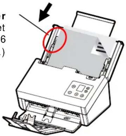 Diagram of a printer with a red circle highlighting a paper edge, accompanied by partial text and arrows indicating process flow.