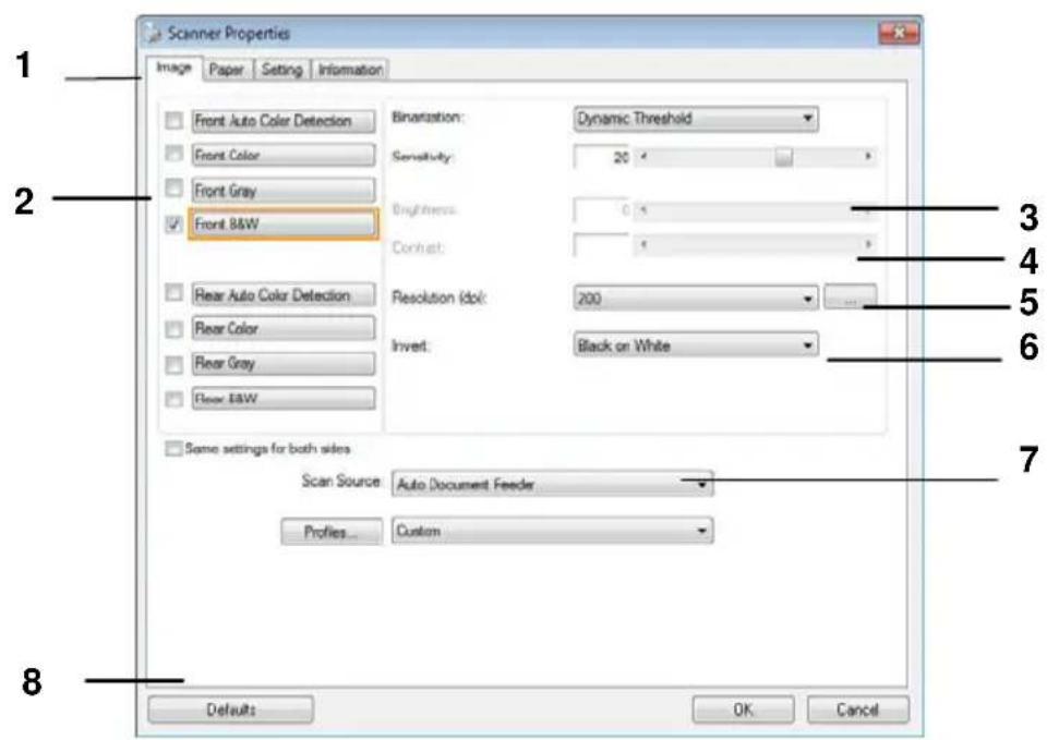 Scanner Properties Image Paper Setting Information Front Auto Color Detection Front Color Front Gray Front B&W Binarization: Dynamic Threshold Sensitivity: 20 Brightness: 0 % Contrast: 0 % Rear Auto Color Detection Rear Color Rear Gray Rear B&W Resolution (dpi): 200 Invert: Black or White Same setti…