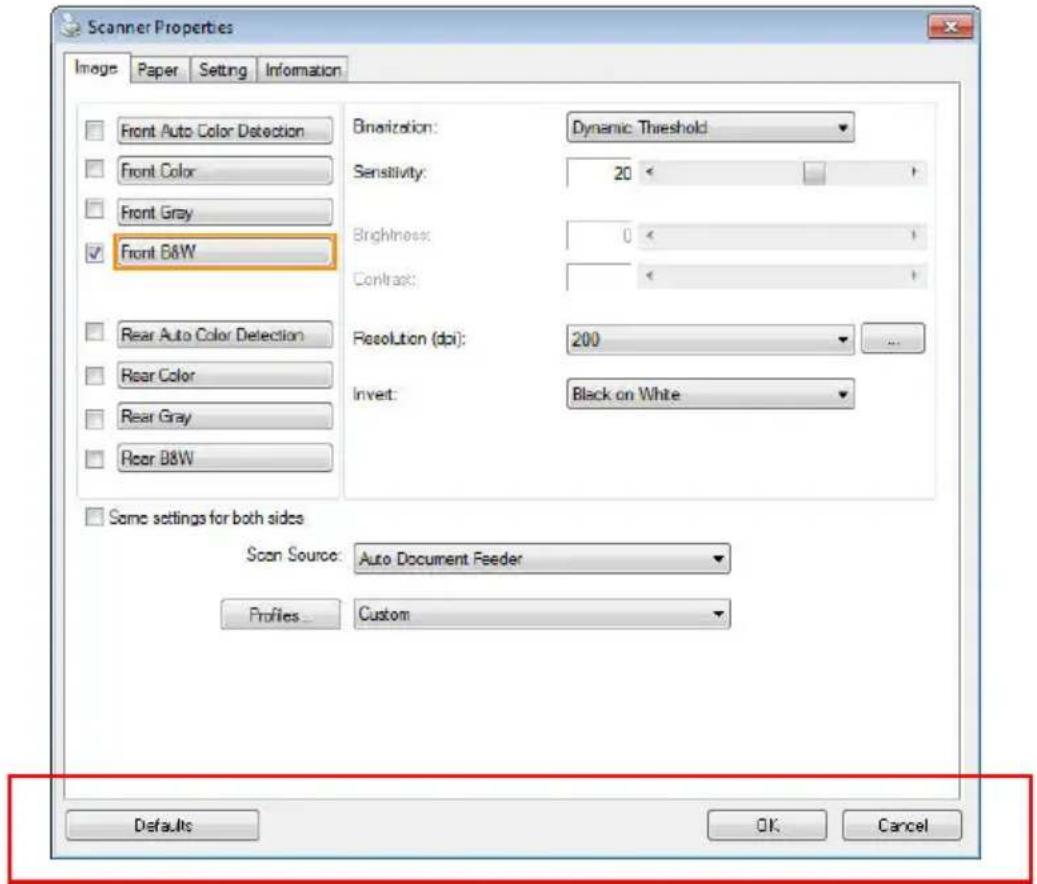 Scanner Properties Image Paper Setting Information Front Auto Color Detection Front Color Front Gray ✓ Front B&W Binarization: Dynamic Threshold Sensitivity: 20 Brightness: 0 Contrast: Resolution (dpi): 200 Invert: Black on White Same settings for both sides Scan Source: Auto Document Feeder Profile…