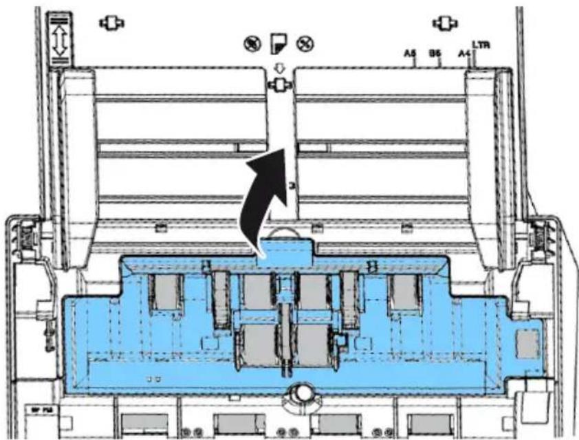 Technical diagram of a mechanical assembly with labeled components and directional arrows indicating movement or force.