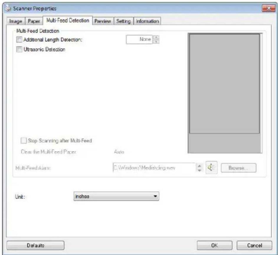 Scanner Properties Image Paper Multi-Feed Detection Preview Setting Information Multi-Feed Detection Additional Length Detection: None Ultrasonic Detection Stop Scanning after Multi-Feed Clear the Multi-Feed Paper Auto Multi-Feed Alarm: C:\Windows\Medise\wing Browse... Unit:_inches Defaults OK Cance…