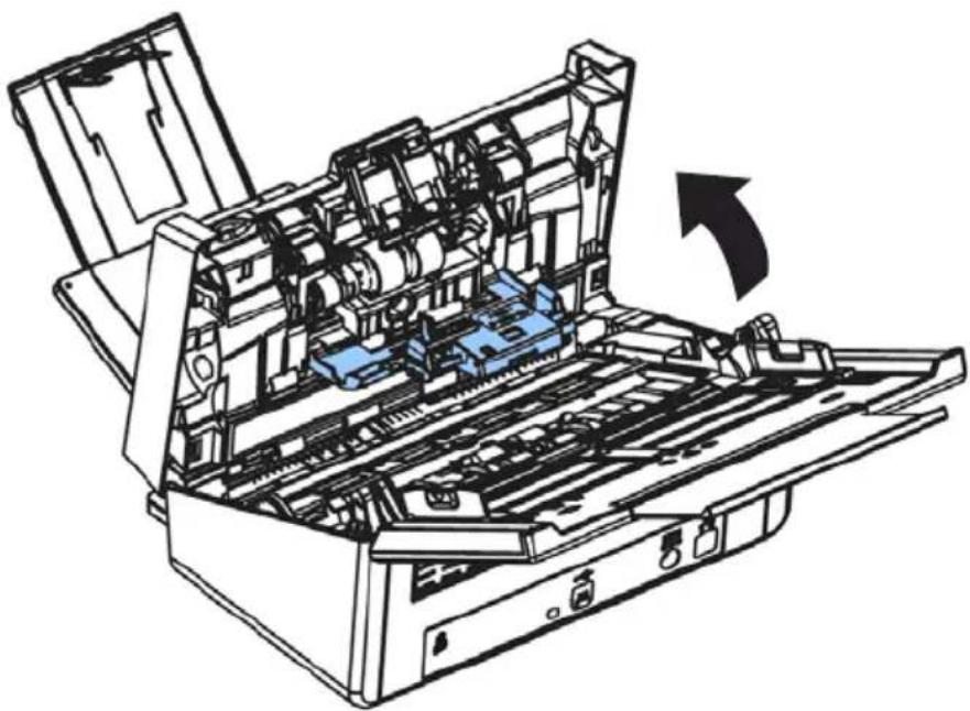 Technical line drawing of an open hard disk organizer with internal components and a blue component, showing no text or symbols.