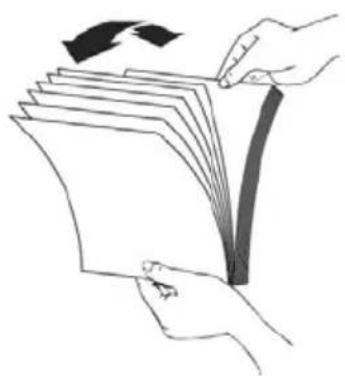 Line drawing of a hand holding a stack of papers with an arrow indicating the direction (no text or symbols present)