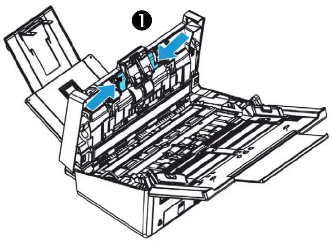 Technical line drawing of an open printer with internal compartments and blue arrows indicating parts (no text or symbols)