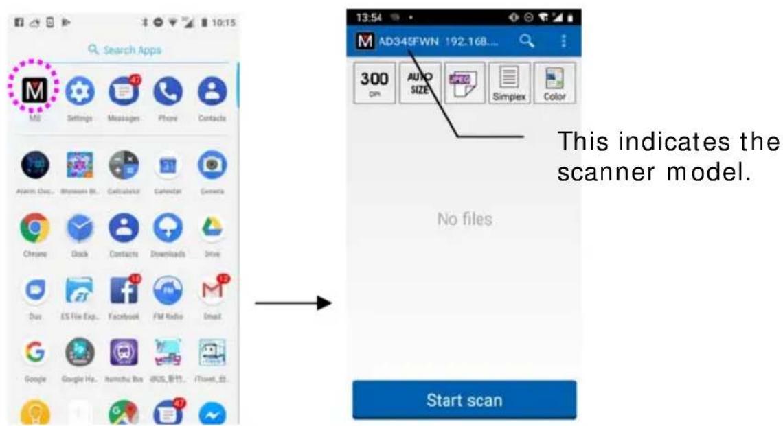 Search Apps M3 Settings Messages Phone Contacts This indicates the scanner model. No files Start scan