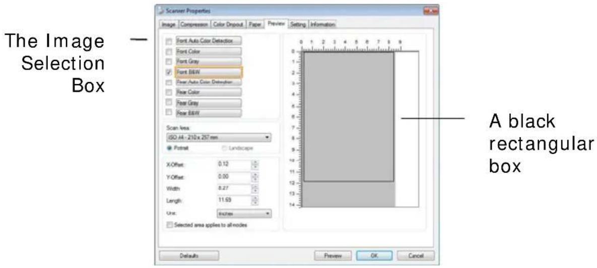 The Image Selection Box Scan Area ISO A4 - 210 x 257 mm Potrit Landscape X-Offset: 0.12 Y-Offset: 0.00 Width: 0.27 Length: 11.63 Unit: Inches Selected area applies to all nodes A black rectangular box Defaults Preview OK Cancel