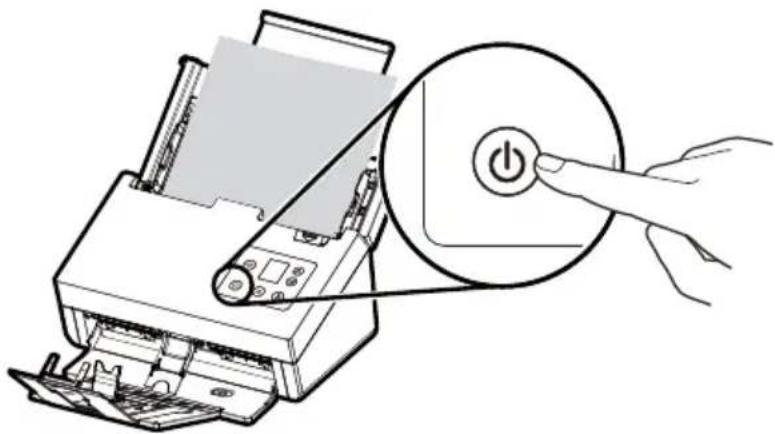 Illustration of a printer being inserted into a CD with a power button (no text or symbols)