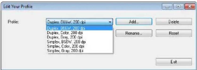 Edit Your Profile Profile: Duplex, B&W, 200 dpi Duplex, B&W, 200 dpi Duplex, Color, 200 dpi Duplex, Gray, 200 dpi Simplex, B&W, 200 dpi Simplex, Color, 200 dpi Simplex, Gray, 200 dpi Add... Delete Rename... Reset Ext