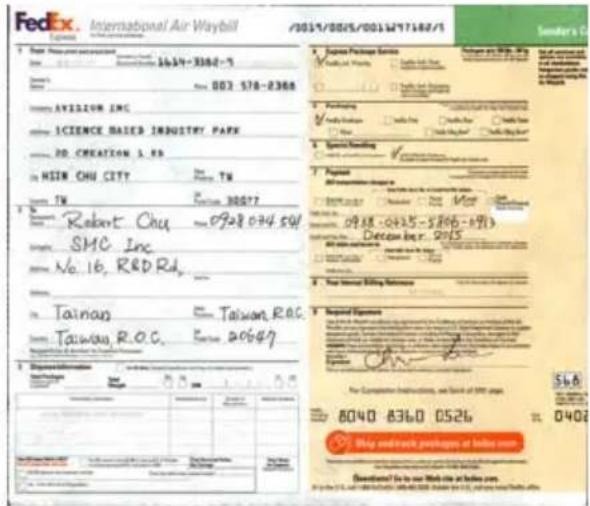 FedEx International Air Waybill 2013/08/05/00164713407 Sodors Co. Source: Phoenix Gas Company Date: 2013-08-05 Company: Phoenix Gas Company (1634-3302-5) Company: AVIZION INC Company: SCIENCE BASED INDUSTRY PARK Company: RD CREATION & RD Company: MSIN CHU CITY Company: FW Company: 30077 Company: Rob…