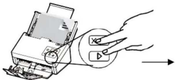 Illustration of a hand inserting a card into a printer, showing the process with no text or symbols.