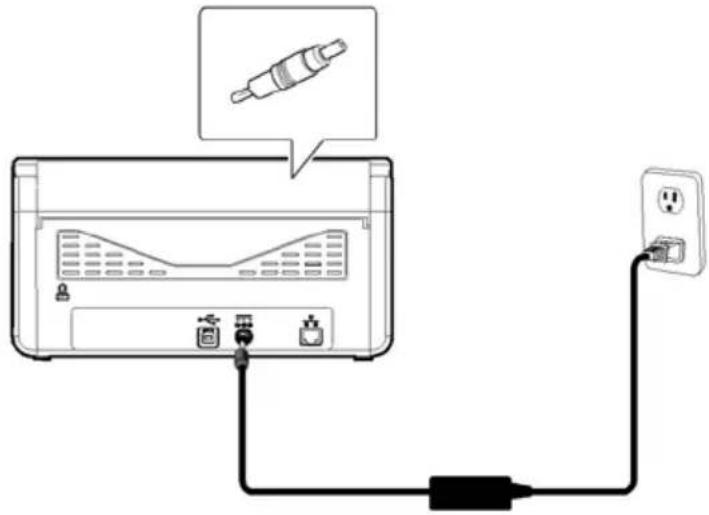 Diagram showing connections between a device with labeled components and an electrical outlet, including a magnified view of the device.