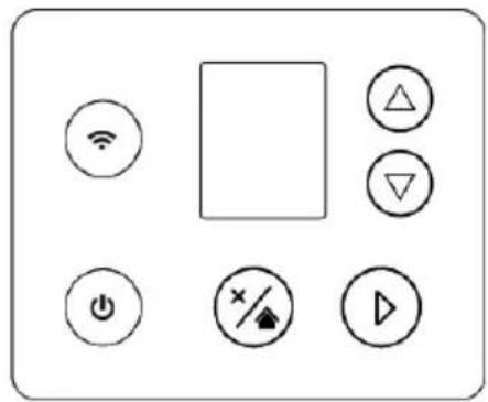 Control panel interface with icons for Wi-Fi, radio, play button, and navigation controls