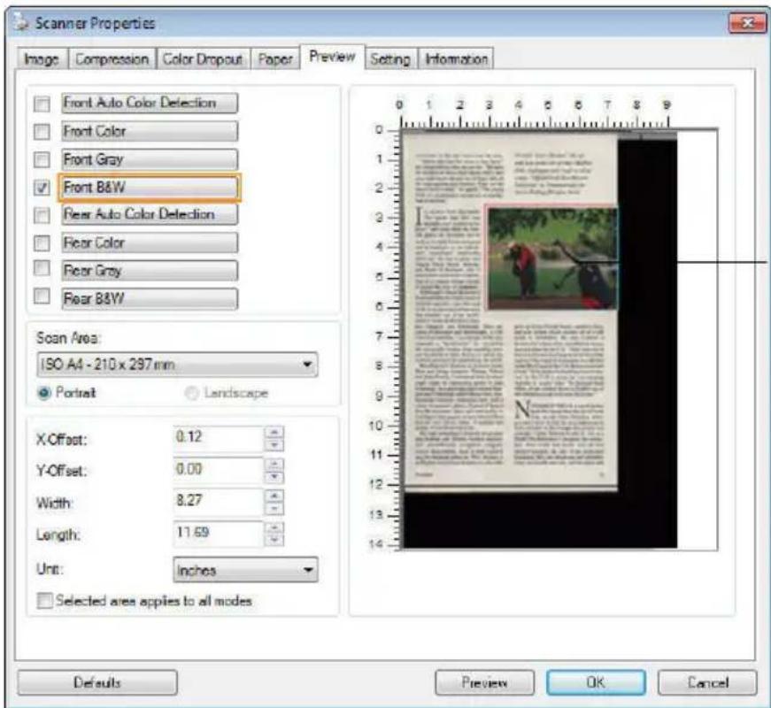 Scanner Properties Image Compression Color Dropout Paper Preview Setting Information Front Auto Color Detection Front Color Front Gray Front B&W Rear Auto Color Detection Rear Color Rear Gray Rear B&W Scan Area: ISO A4 - 210 x 297 mm Portrait Landscape X-Offset: 0.12 Y-Offset: 0.00 Width: 8.27 Lengt…