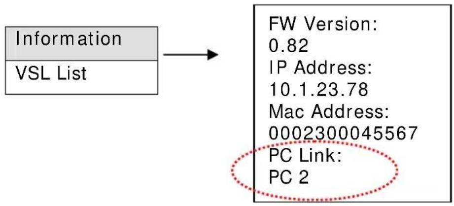 graph TD A["Information"] --> B["FW Version: 0.82"] A --> C["IP Address: 10.1.23.78"] C --> D["Mac Address: 0002300045567"] D --> E["PC Link: PC 2"] E -.-> F["End"]