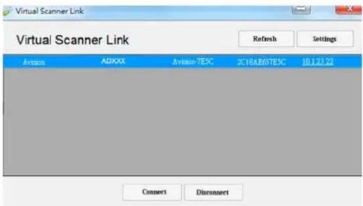 Virtual Scanner Link Refresh Settings Avition ADXXX Avition-7ESC 3C18AE607ESC 10.1.22.22 Connect Disconnect