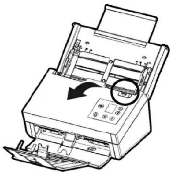 Line drawing of a printer with an arrow indicating a process, showing internal components and a close-up of the printer's handle (no text or symbols present)