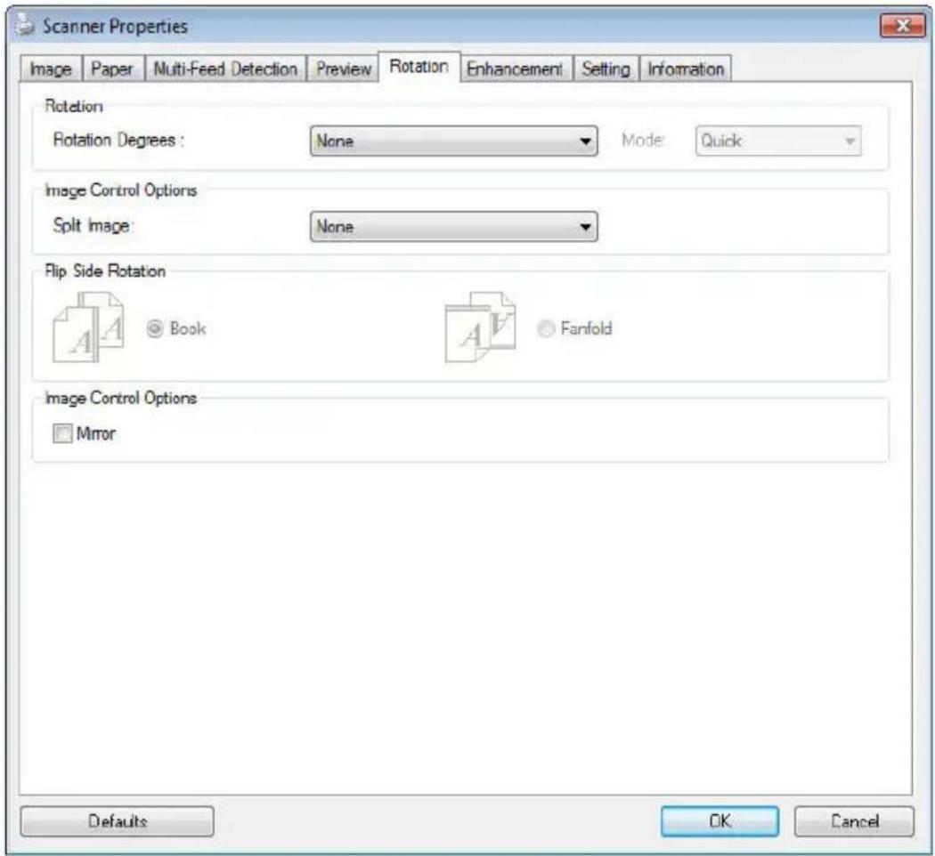 Scanner Properties Image Paper Multi-Feed Detection Preview Rotation Enhancement Setting Information Rotation Rotation Degrees: None Mode Quick Image Control Options Split Image: None Flip Side Rotation Book Fanfold Image Control Options Mirror Defaults OK Cancel