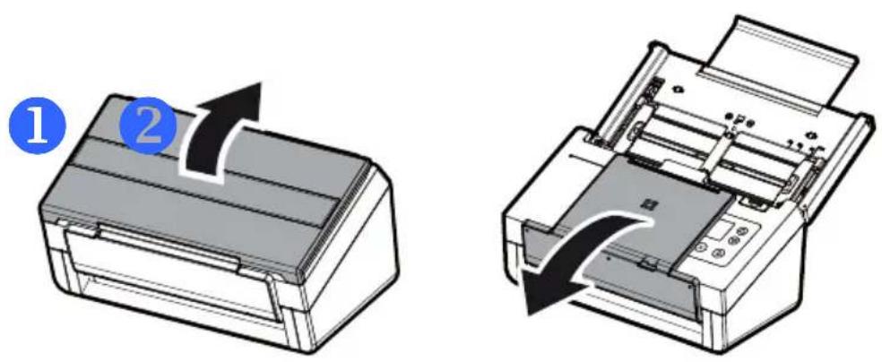 Diagram showing two steps of printer operation: first with a paper airplane, second with a printer's internal structure.