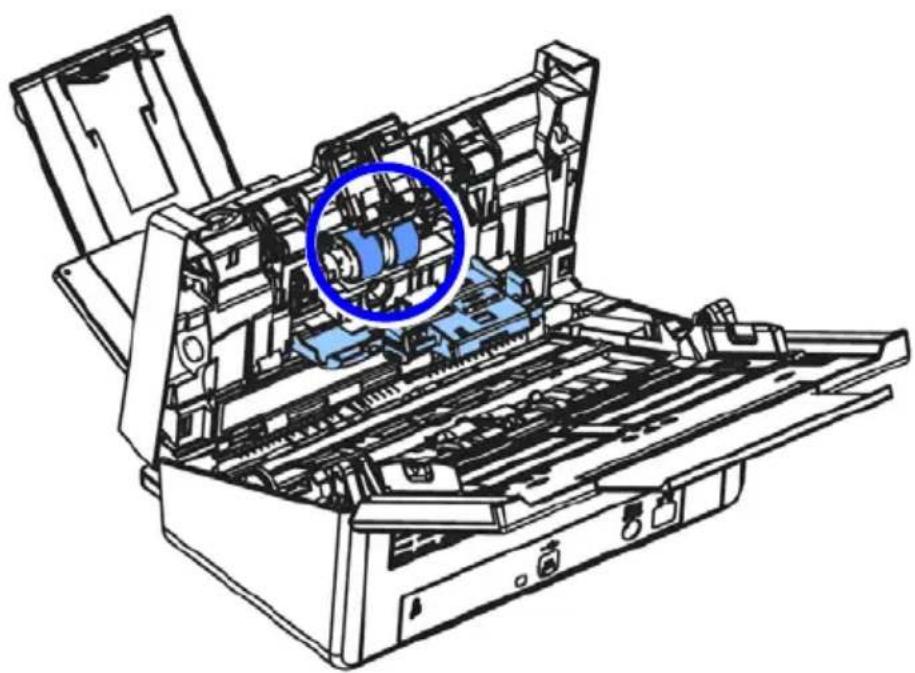 Technical line drawing of an open hard disk with internal gears and a blue circle highlighting a specific component (no text or symbols present)