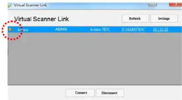 Virtual Scanner Link Refresh Settings Avinco ADXXX Avinco-7ESC 2C18AB657ESC 10.121.22 Connect Disconnect