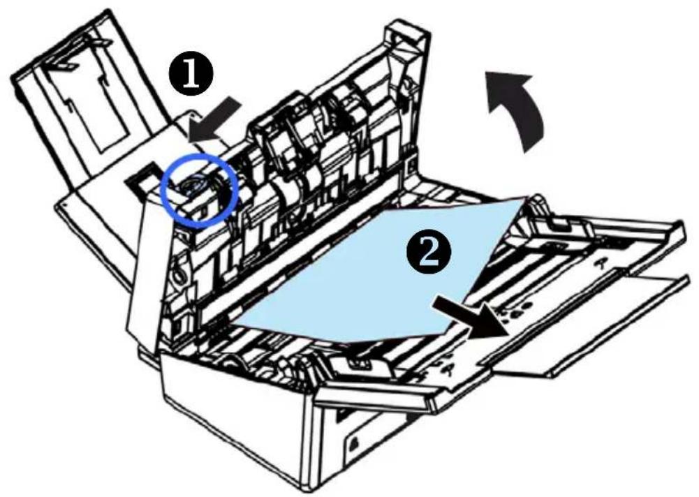 Technical diagram of a printer with labeled parts and directional arrows indicating process flow