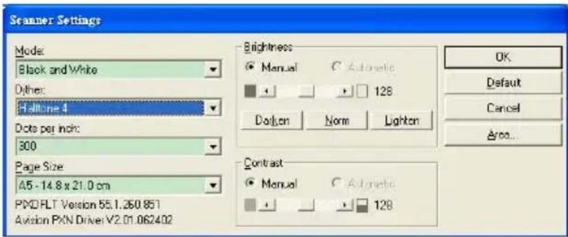 Scanner Settings Mode: Black and White Other: Helium=4 Dots per inch: 300 Page Size A5 - 14.8 x 21.0 cm PMO FLT Version 55.1.260.851 Avision PXN Driver V2.01.062402 Brightness ● Manual ○ Automatic □ ▼ ▼ □ 128 Dotlon Norm Lighten Contrast ● Manual ○ Automatic □ ▼ ▼ □ 128 OK Default Cancel Area...
