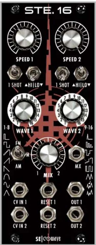 STE. 16 SPEED 1 SPEED 2 1 SHOT ▲HI/LO▼ 1 SHOT ▲HI/LO▼ 1-8 WAVE 1 WAVE 2 FM M AM 1 MIX 2 MX CV IN 1 RESET 1 OUT 1 CV IN 2 RESET 2 OUT 2 SE | ○wave