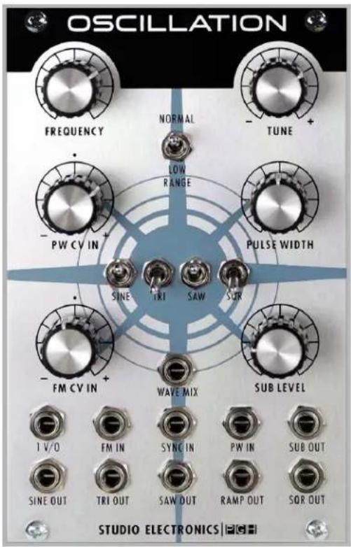 OSCILLATION FREQUENCY NORMAL TUNE + - LOW RANGE - PW CV IN PULSE WIDTH SINE TRI SAW SUR FM CV IN WAVE MIX SUB LEVEL 1 V/O FM IN SYNC IN PW IN SUB OUT SINE OUT TRI OUT SAW OUT RAMP OUT SOR OUT STUDIO ELECTRONICS