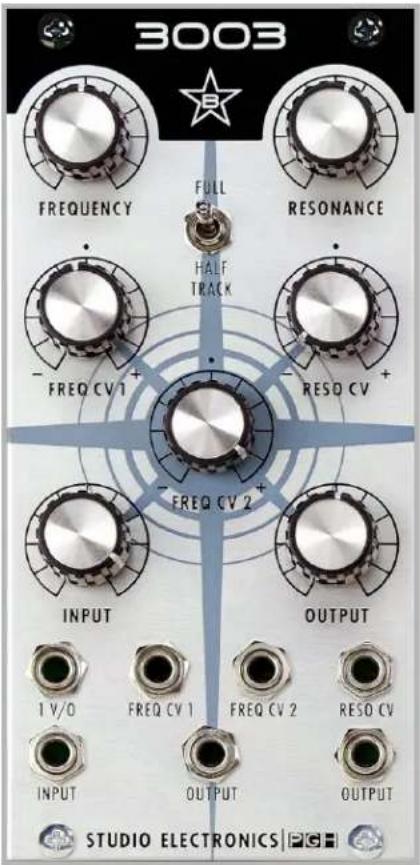 3003 FREQUENCY FULL RESONANCE HALF TRACK - FREQ CV 1 + - RESO CV + - FREQ CV 2 + - INPUT OUTPUT 1 V/O FREQ CV 1 FREQ CV 2 RESO CV INPUT OUTPUT OUTPUT STUDIO ELECTRONICS
