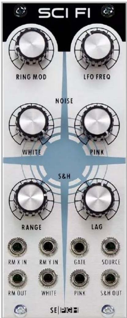 SCI FI RING MOD LFO FREQ NOISE WHITE PINK S&H RANGE LAG RM X IN RM Y IN GATE SOURCE RM OUT WHITE PINK S&H OUT SE | 📞