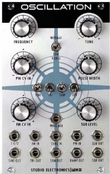 OSCILLATION FREQUENCY NORMAL TUNE LOW RANGE PW CV IN PULSE WIDTH SINE TRI SAW SUR FM CV IN WAVE MIX SUB LEVEL 1 V/O FM IN SYNC IN PW IN SUB OUT SINE OUT TRI OUT SAW OUT RAMP OUT SOR OUT STUDIO ELECTRONICS
