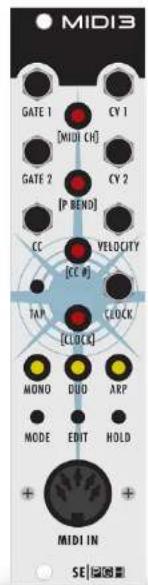 MIDI3 GATE 1 CY 1 [MIDI CH] GATE 2 CY 2 [P BEND] CC VELOCITY (CC #) TAP CLOCK [CLOCK] MONO DUD ARP MODE EDIT HOLD + MIDI IN SE