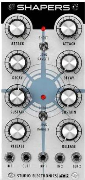 SHAPERS SHORT ATTACK LONG RANGE 1 DECAY DECAY SHORT SUSTAIN SUSTAIN LONG RANGE 2 RELEASE RELEASE IN 1 OUT 1 INY 1 IN 2 OUT 2 STUDIO ELECTRONICS